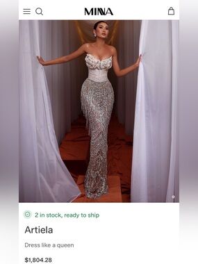 Artiela Strapless Silver Beaded Evening Dress by MINA